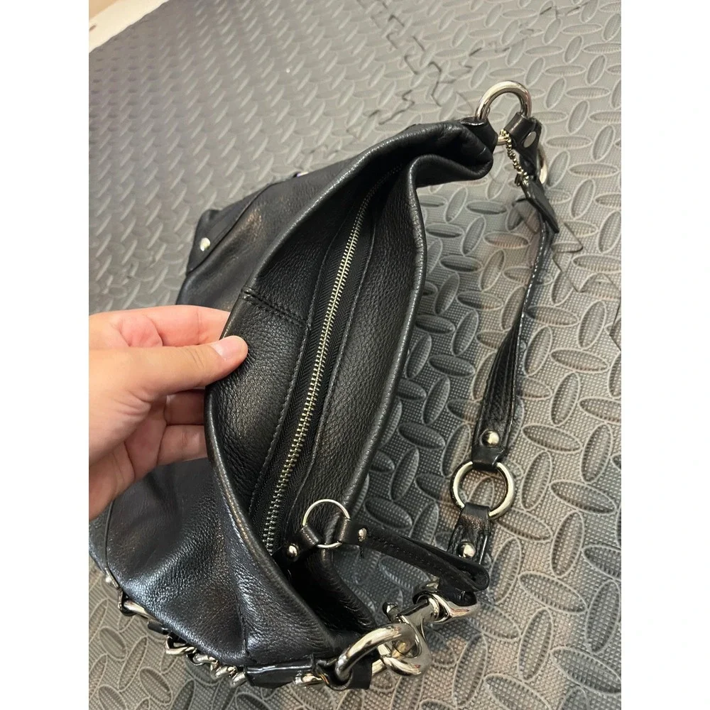 Coach Carly Hobo Bag Womens Medium Black Pebbled Leather Silver Chain F15251